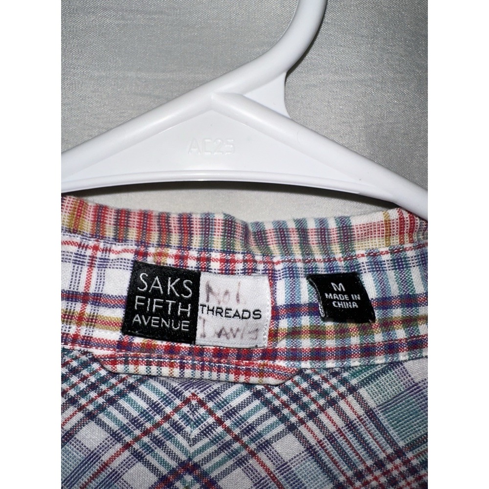Threads Saks Fifth Avenue Button Up Shirt Medium Plaid Linen Blend Long Sleeve - Picture 3 of 7